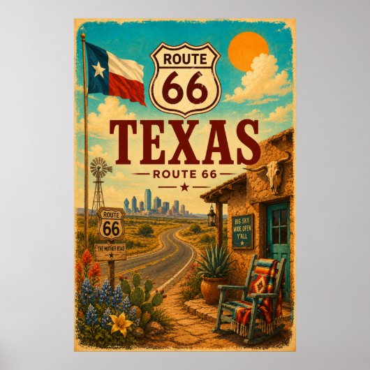Vintage Route 66 Texas Bluebonnet Weg Kunst Poster (Voorkant)