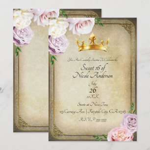 Vintage Royal Gold Kroon Bloem Sweet 16 Feestje Kaart