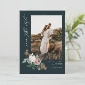 Vintage roze bloemige trouwfoto save the date kaart (Staand voorkant)