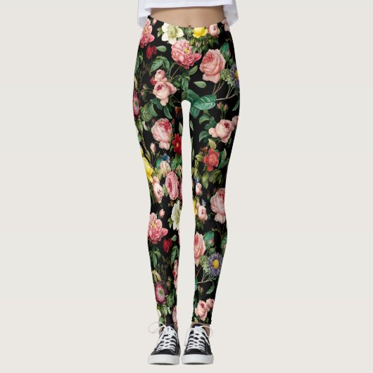 Vintage roze en rode roodroos leggings (Voorkant)