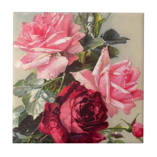 Vintage Roze en rode Roses Tile Tegeltje (Voorkant)