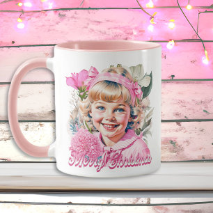 Vintage Roze Meisje Bloemrijke Prettig Kerstmis Mok