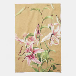 Vintage Roze Oosterse Lelie Botanische Bloem Kunst Theedoek