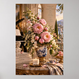 Vintage Roze Pioen Italiaans Meer Muurkunst Poster