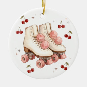 Vintage roze rollerschaatsen en kersen keramisch ornament