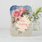 Vintage, Roze Rozen, 90ste Verjaardag, Uitnodiging (Staand voorkant)