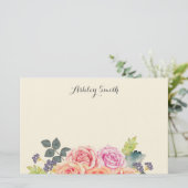 Vintage Roze Waterverf Bloemstuk Aangepaste Naam E Briefpapier (Staand voorkant)