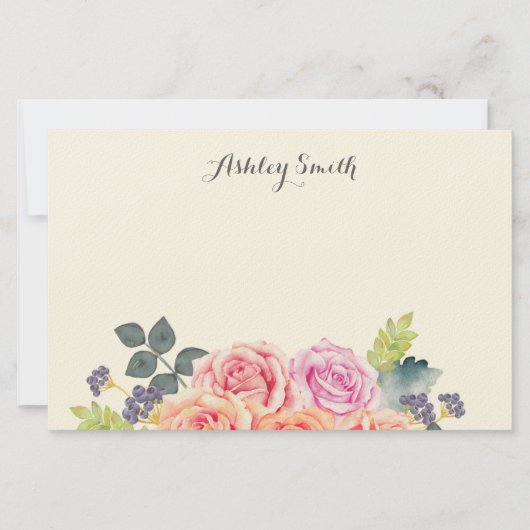 Vintage Roze Waterverf Bloemstuk Aangepaste Naam E Briefpapier (Voorkant)