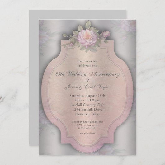 Vintage Roze Zilveren 25e Verjaardagsfeestje Kaart (Voorkant / Achterkant)
