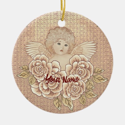 Vintage Rozen Cherubijn Engel Keramisch Ornament (Voorkant)