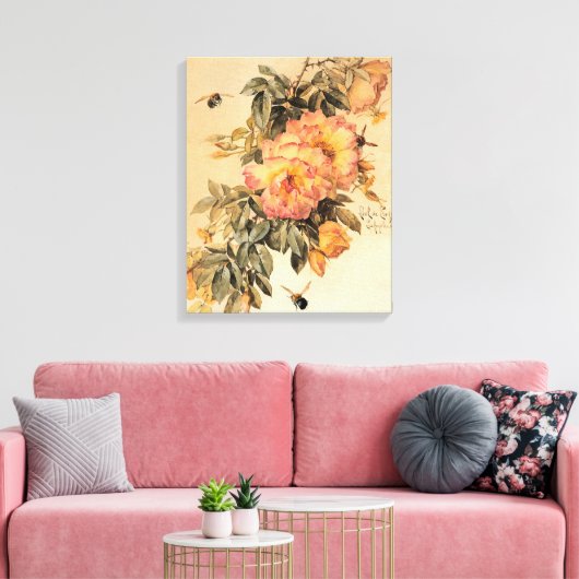 Vintage "Rozen en bleekbijen" Canvas Afdruk (Insitu (Woonkamer))