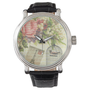 Vintage Rozen en Gekooide Vogel Horloge