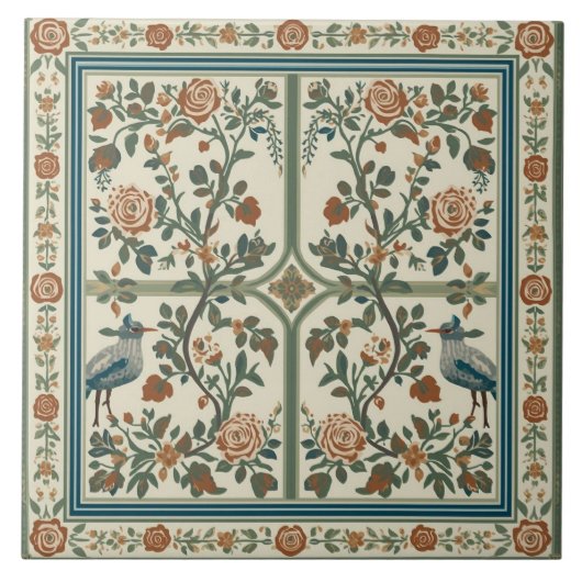 Vintage Rozen Tuin Vogel Rand Patroon Tegeltje (Voorkant)
