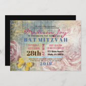 VINTAGE ROZEN & VLINDERS Bat Mitzvah Uitnodiging (Voorkant / Achterkant)