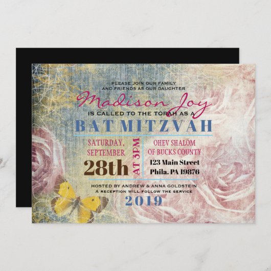 VINTAGE ROZEN & VLINDERS Bat Mitzvah Uitnodiging (Voorkant / Achterkant)