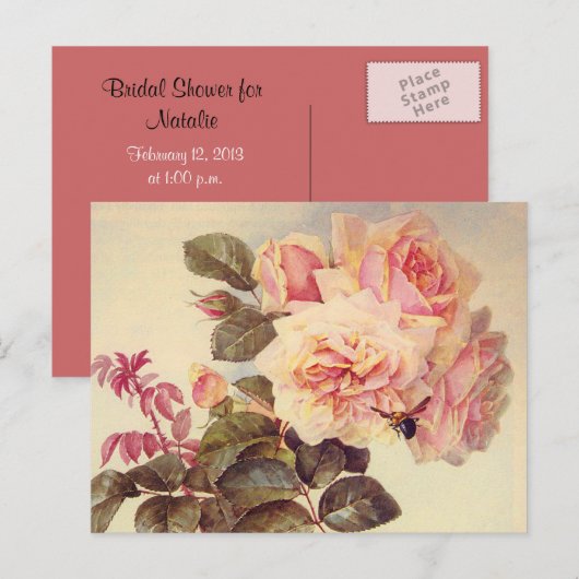 Vintage Rozen Vrijgezellenfeest Uitnodiging Briefkaart (Voorkant / Achterkant)