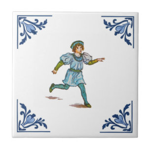 Vintage Running Boy Delft Hoek Blauw en Wit Tegeltje
