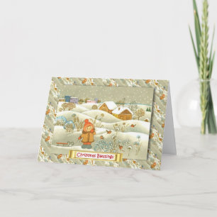 Vintage Russische Kerstmis, Meisje met een slee Feestdagen Kaart