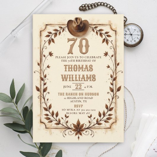 Vintage Rustic Cowboy Western Blad 70e Verjaardag Kaart