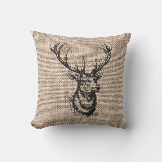 Vintage Rustic Deer Antlers op Faux Burlap Kussen (Voorkant)