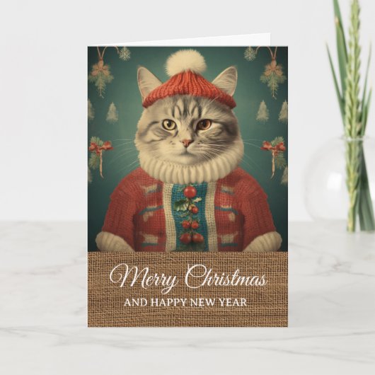 Vintage Rustic Funny Cat in Costume Christmas  Kaart (Voorkant)