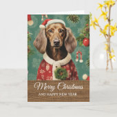 Vintage Rustic Funny Dog in Costume Christmas  Kaart (Gele Bloem)