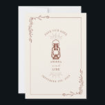 Vintage Rustic Lantern Terracotta Wedding Save The Date<br><div class="desc">Terracotta roest color illustratie of  oil lantern with line art botanical border. De achtergrond is wit.</div>