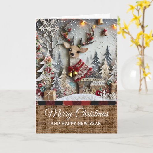 Vintage Rustic Reindeer Merry Christmas Kaart (Gele Bloem)