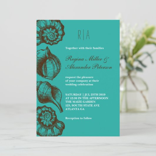 Vintage Rustic Seashell Beach Wedding Uitnodiging (Staand voorkant)