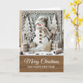 Vintage Rustic Snowman Merry Christmas Kaart (Gele Bloem)