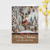 Vintage Rustig Rendier Prettig Kerstfeest  Kaart (Gele Bloem)
