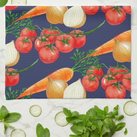 Vintage Rustische Marineblauwe Waterverf Groenten Theedoek (Gevouwen)
