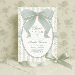 Vintage Sage Green Bow Sweet 16 Floral Birthday Kaart<br><div class="desc">Celebrate sixteen in style with this romantic, vintage-inspired Sweet 16 invitation, featuring a hand-painted sage green bow, delicate rose stripe wallpaper, and soft lace details. With its dreamy pastel palette and coquette elegance, this design brings a touch of cottagecore charm to your milestone celebration. Perfect for a shabby chic garden...</div>