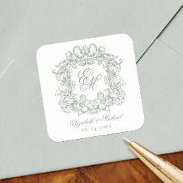 Vintage Sage Green Elegant Wedding Monogram Crest Vierkante Sticker