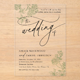 Vintage Sage Green Floral Minimalist Wedding Acryl Uitnodigingen