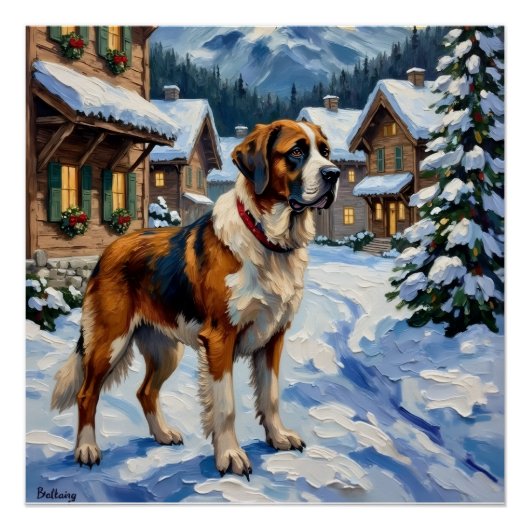 Vintage Saint Bernard Alpine Christmas Painting Perfect Poster (Voorkant)