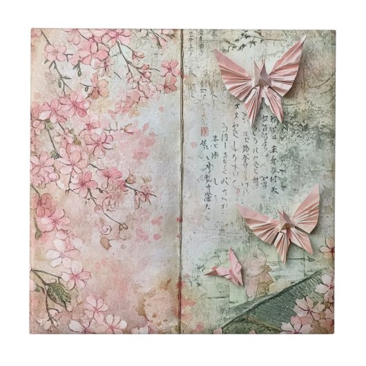 Vintage Sakura Vlinder Collage Tegeltje (Voorkant)