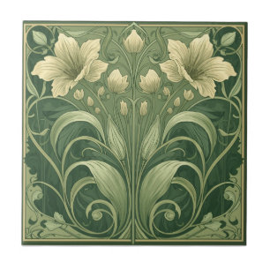 Vintage saliegroen Art Nouveau bloemmotief Tegeltje