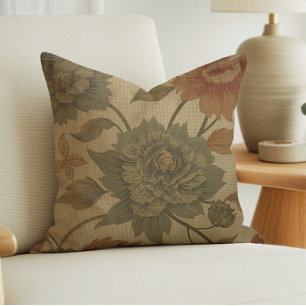 Vintage saliegroen en oranje bloemmotief kussen