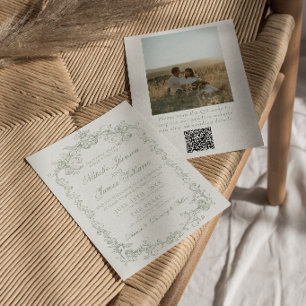 Vintage saliegroen old money foto QR-code bruiloft Kaart