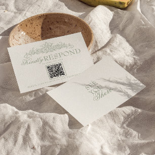 Vintage saliegroen old money QR-code bruiloft RSVP Kaartje