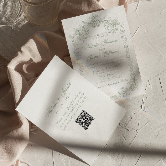 Vintage saliegroen oud geld QR-code bruiloft Kaart