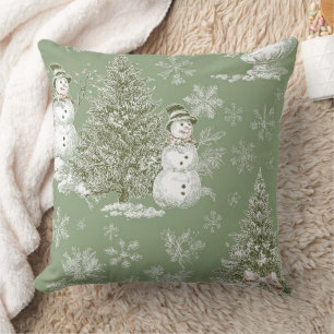 Vintage saliegroen sneeuwman Kerst toile Kussen