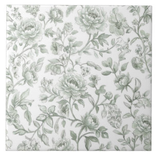 Vintage saliegroen Toile-De-Jouy waterverf bloemmo Tegeltje