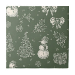Vintage saliegroen winter toile kerst (5) tegeltje