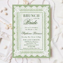 Vintage Saliegroen Witte Kant Bruidsborrel Brunch Kaart