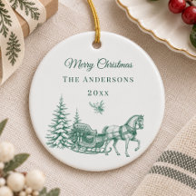Vintage saliegroene Kerst Toile Paard Slede