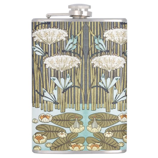 Vintage saliegroene Libelle & Lelie Kunst Heupfles (Voorkant)