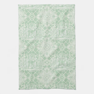 Vintage saliegroene toile met klassieke figuren theedoek