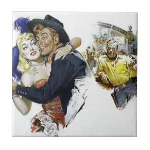 Vintage Saloon Girl Cowboy Bar Dance Fun poster Tegeltje